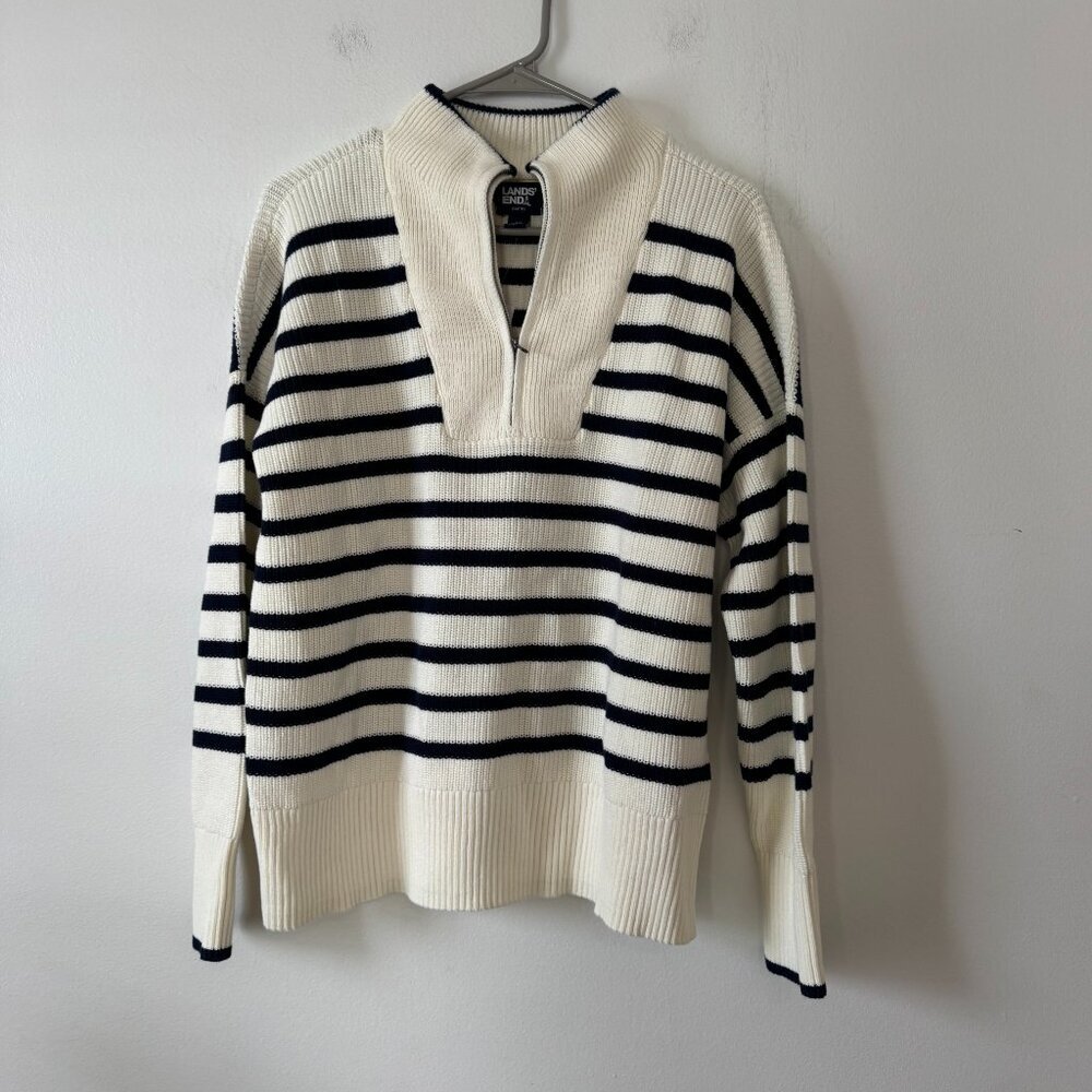 Lands' End Drifter Quarter Zip Sweater in Ivory Navy Stripe